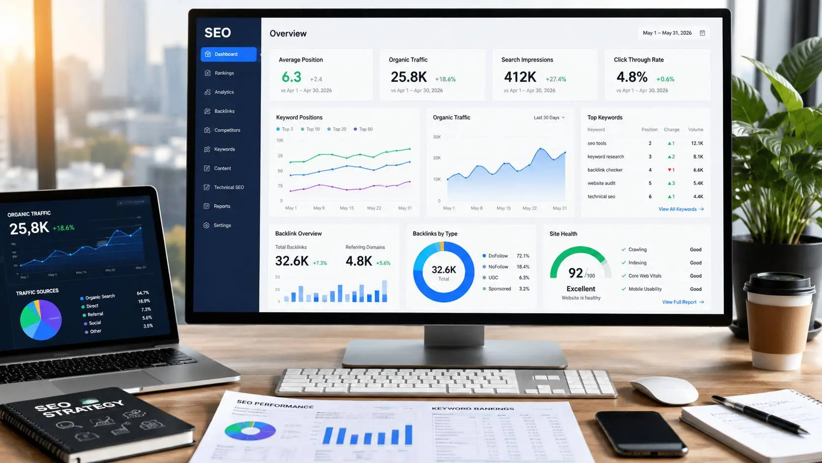 How to rank on Google first page fast in 2026 using SEO analytics dashboard, keyword rankings, backlinks, and organic traffic insights