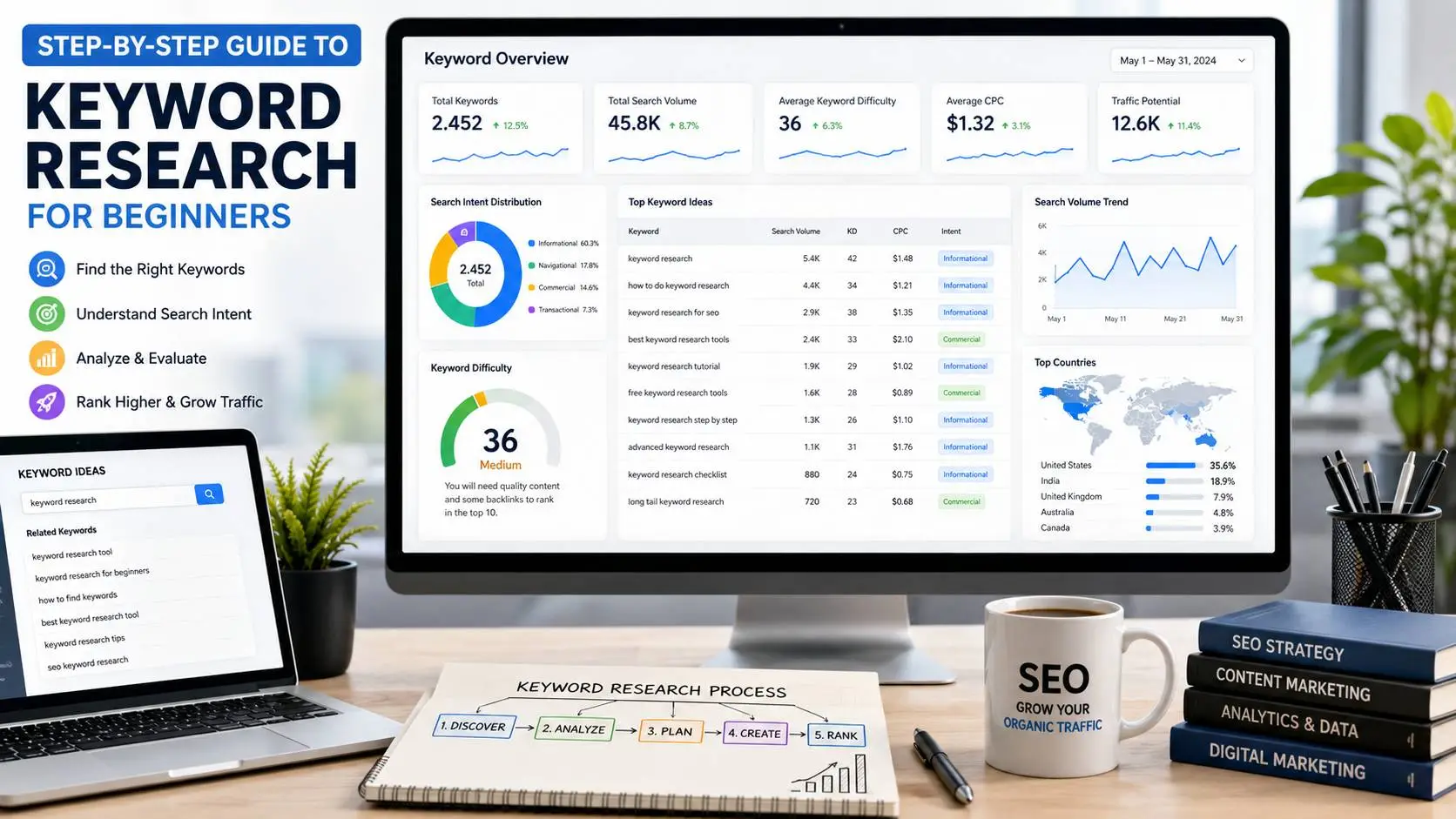 Step-by-Step Guide to Keyword Research for Beginners showing an SEO dashboard with keyword research, search volume analysis, keyword difficulty, search intent, and Google ranking metrics.